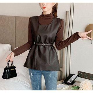 Mock Turtleneck Long-sleeve Top / Faux Leather Vest / Set