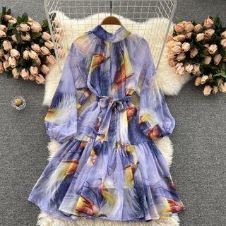 Round-neck Puff-sleeve Lace-up Strap Chiffon Dress
