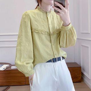 Stand-collar Cut-out Embroidered Shirt