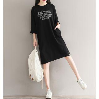 Lettering Long-sleeve Midi T-shirt Dress