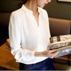 Long-sleeve Chiffon Plain V-neck Loose-fit Blouse