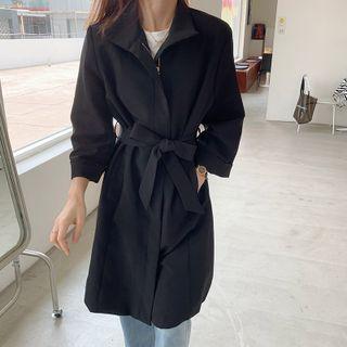 Tie-waist Long Trench Coat Black - One Size