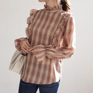 Mock-neck Puff-sleeve Check Blouse