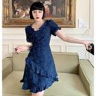 Short-sleeve V-neck Ruffle Heart Pattern Denim Dress