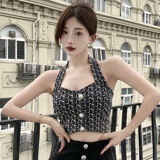 Halter-neck Geometric Print Camisole Top / Mini Bodycon Dress / Slit-hem Boot-cut Pants