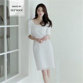 Square-neck Fringed-hem Tweed Dress