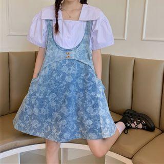 Short-sleeve Blouse / Mini A-line Denim Overall Dress