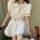Puff-sleeve Frill Trim Blouse / Mini A-line Skirt