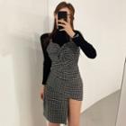 Mock-turtleneck Knit Top / Shirred Plaid Pinafore Dress