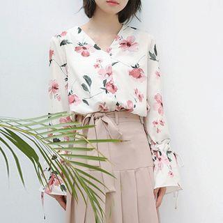 Floral Print V-neck Bell-sleeve Chiffon Blouse