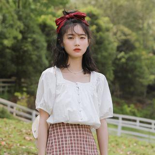 Puff-sleeve Square-neck Lace Trim Blouse