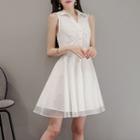 Plain Sleeveless Mesh Overlay Shirtdress