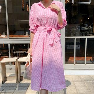 Dolman-sleeve Gingham Shirtdress With Sash Pink - One Size