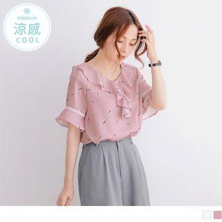 Leaf Print Ruffled Short-sleeve Chiffon Top