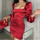 Square-collar Long Sleeve Satin Ruched Dress