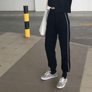 Contrast-trim Cropped Gather-cuff Pants
