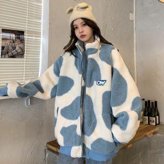 Heart Print Faux Shearling Jacket
