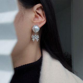 Bow Rhinestone Faux Pearl Dangle Earring