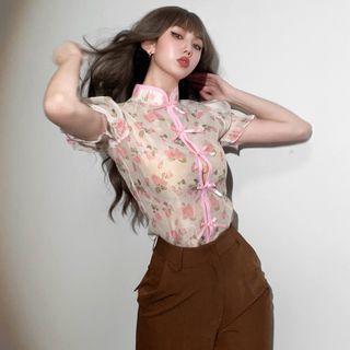 Short-sleeve Floral Cutout Blouse
