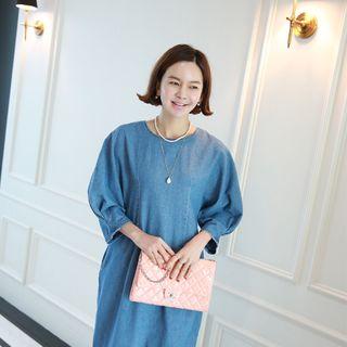 Puff-sleeve Zip-back Denim Dress