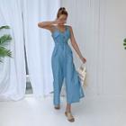 Flap-detail Belted Denim Jumpsuit Blue - One Size