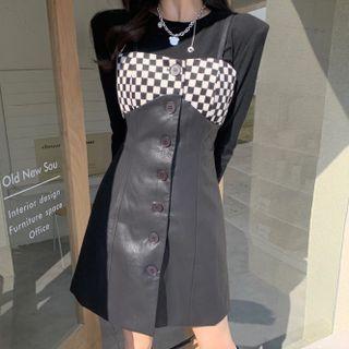 Spaghetti Strap Checkerboard Panel Dress / Long-sleeve T-shirt