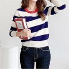 Contrast-trim Striped Knit Top Blue - One Size