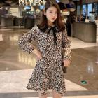 Leopard Long-sleeve A-line Dress Khaki - One Size