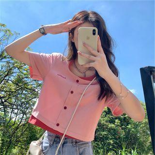 Short-sleeve Mock Two-piece Button-up Top