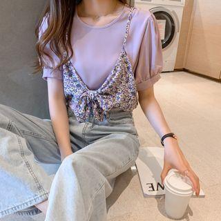 Mock Two Piece Puff-sleeve Floral Top