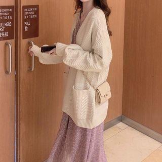 Flower Print Long-sleeve Midi Shift Dress / Open Front Cardigan / Set
