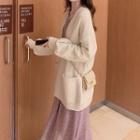 Flower Print Long-sleeve Midi Shift Dress / Open Front Cardigan / Set