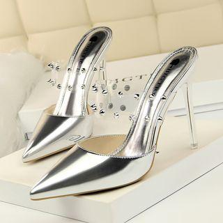 Faux Leather Studded Clear Band High Heel Sandals