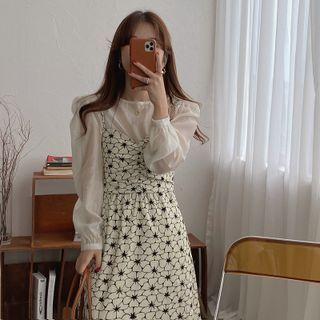 Set: Long-sleeve Top + Spaghetti Strap Floral Dress