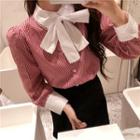 Long-sleeve Bow-neck Plaid Shirt Pink - One Size