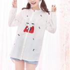 Cat Embroidered Band Collar Shirt