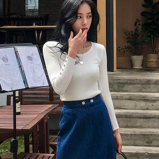 Long-sleeve Button-detail Rib-knit Top