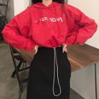 Lettering Drawstring Hem Hoodie Red - One Size