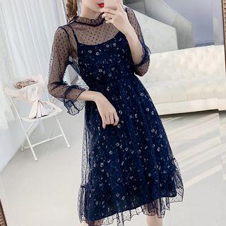 Set: Long-sleeve Sheer Dress + Strappy A-line Dress