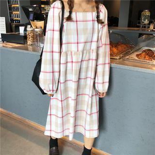 Square Neck Check Dress As Shown In Figure - One Size