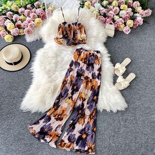 Set: Printed Pleated Camisole + Wide Leg Chiffon Pants