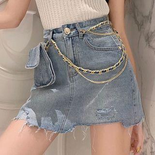 Chain Strap Washed A-line Denim Skirt