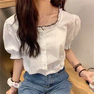Contrast Trim Ruffled Puff-sleeve Blouse