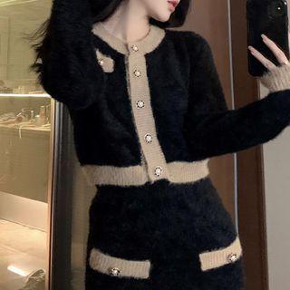 Set : Contrast Trim Long-sleeve Cardigan + High-waist Pocket-detail Mini Skirt Black & Almond - One Size