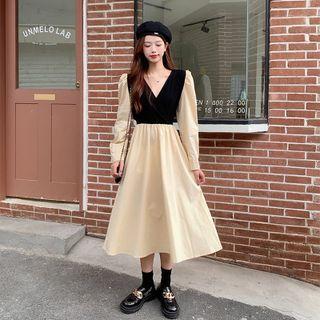 V-neck Mock Two-piece Mini A-line Dress As Shown In Figure - One Size