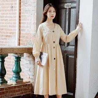 Buttoned Long-sleeve Midi A-line Dress Almond - One Size