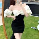 Puff-sleeve Twist-front Two-tone Mini Bodycon Dress