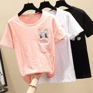 Rabbit Embroidered Short-sleeve Pocket T-shirt