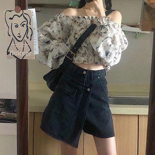 Long-sleeve Shirred Chiffon Crop Top / Irregular Denim Skort