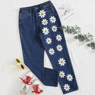 Flower Print Straight Leg Jeans